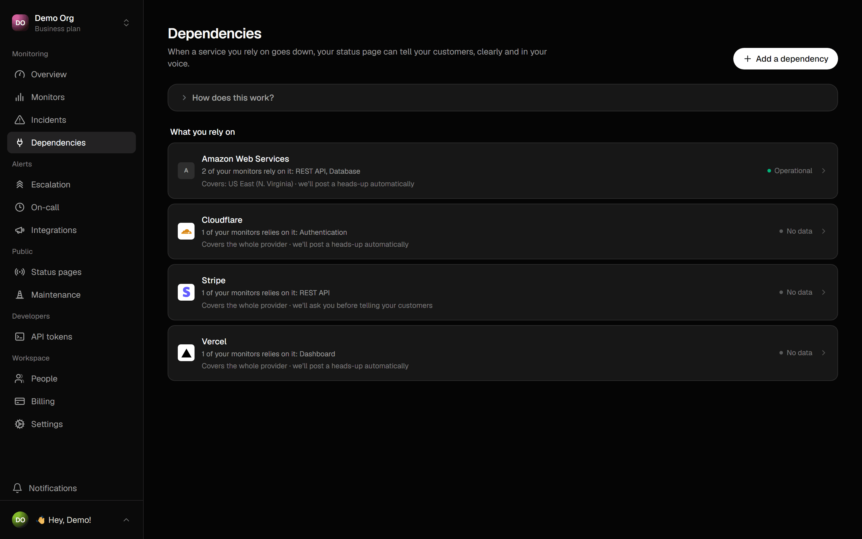 The Sentivel dependencies view mapping the user's components to AWS, Cloudflare, Stripe and Vercel, each set to auto-post or ask first