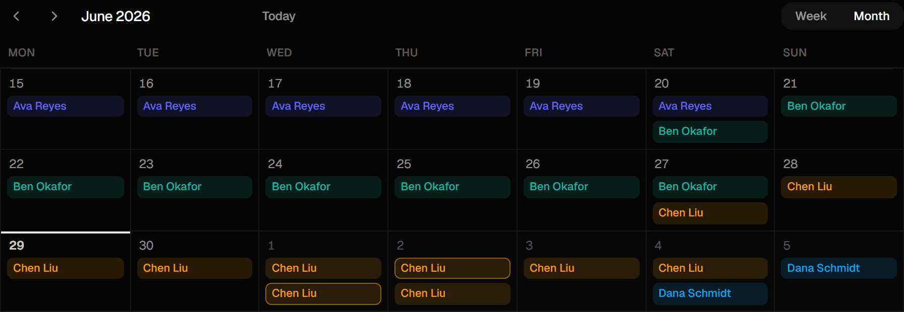 The on-call calendar for June 2026, with shifts handing over between four people.