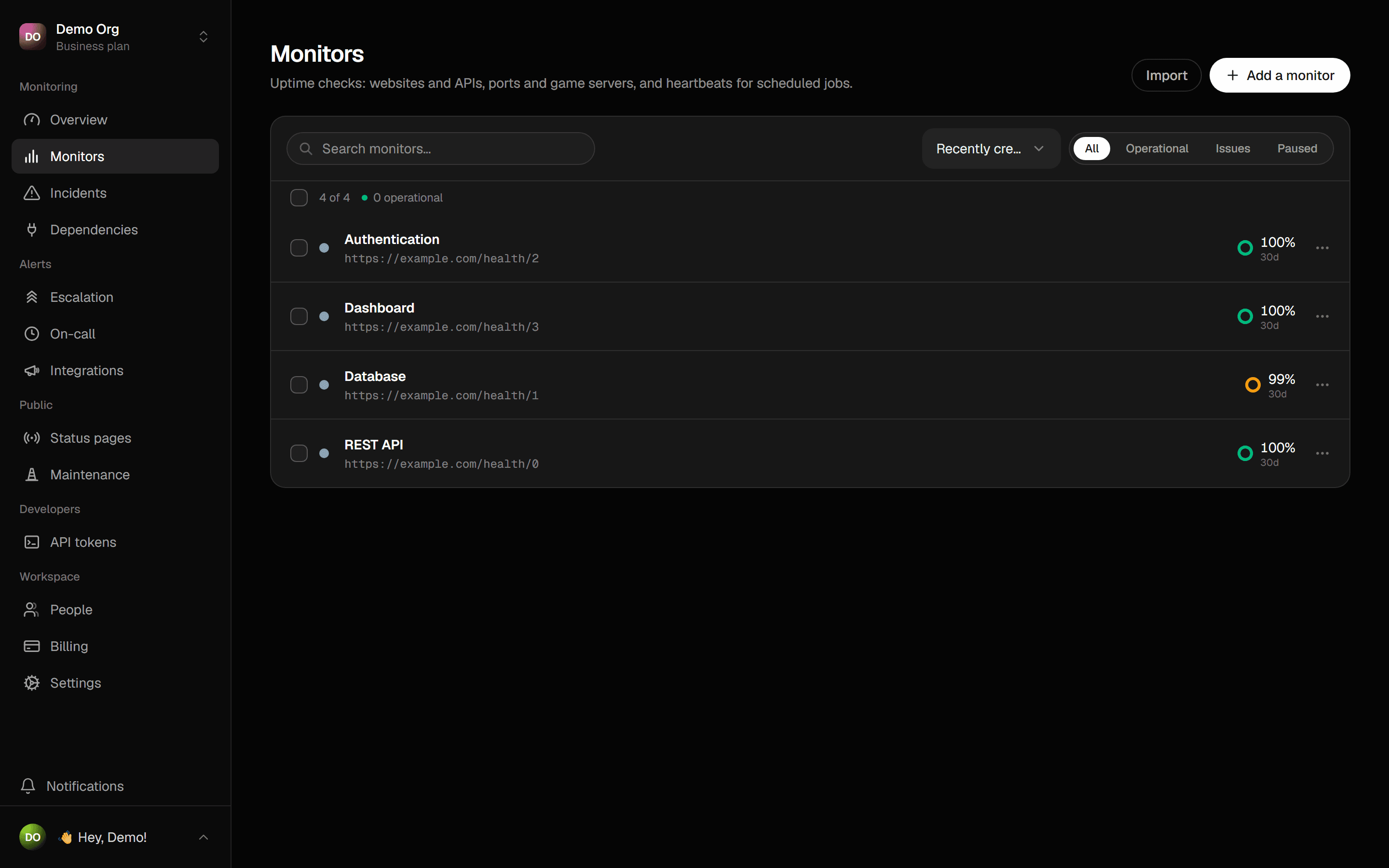 The Sentivel monitors list showing HTTP and heartbeat checks with per-monitor uptime rings