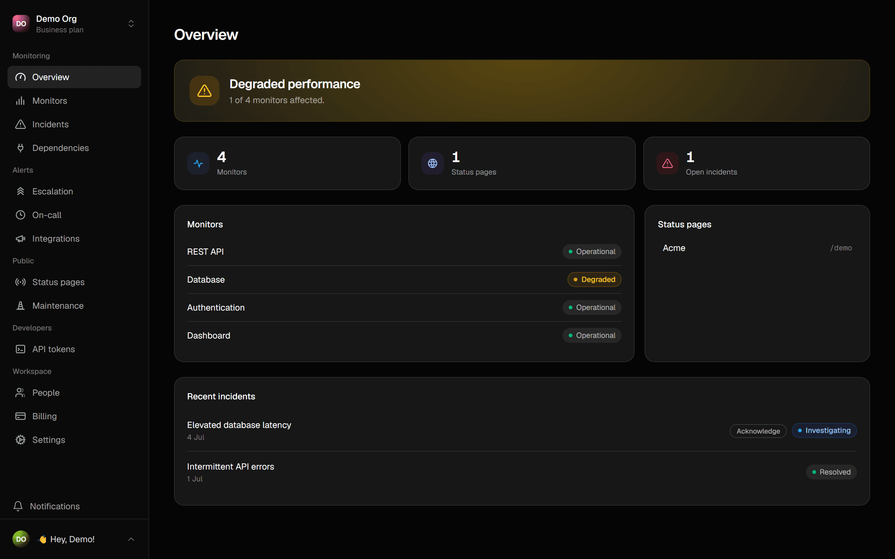 The Sentivel dashboard overview showing overall health, monitors, and recent activity