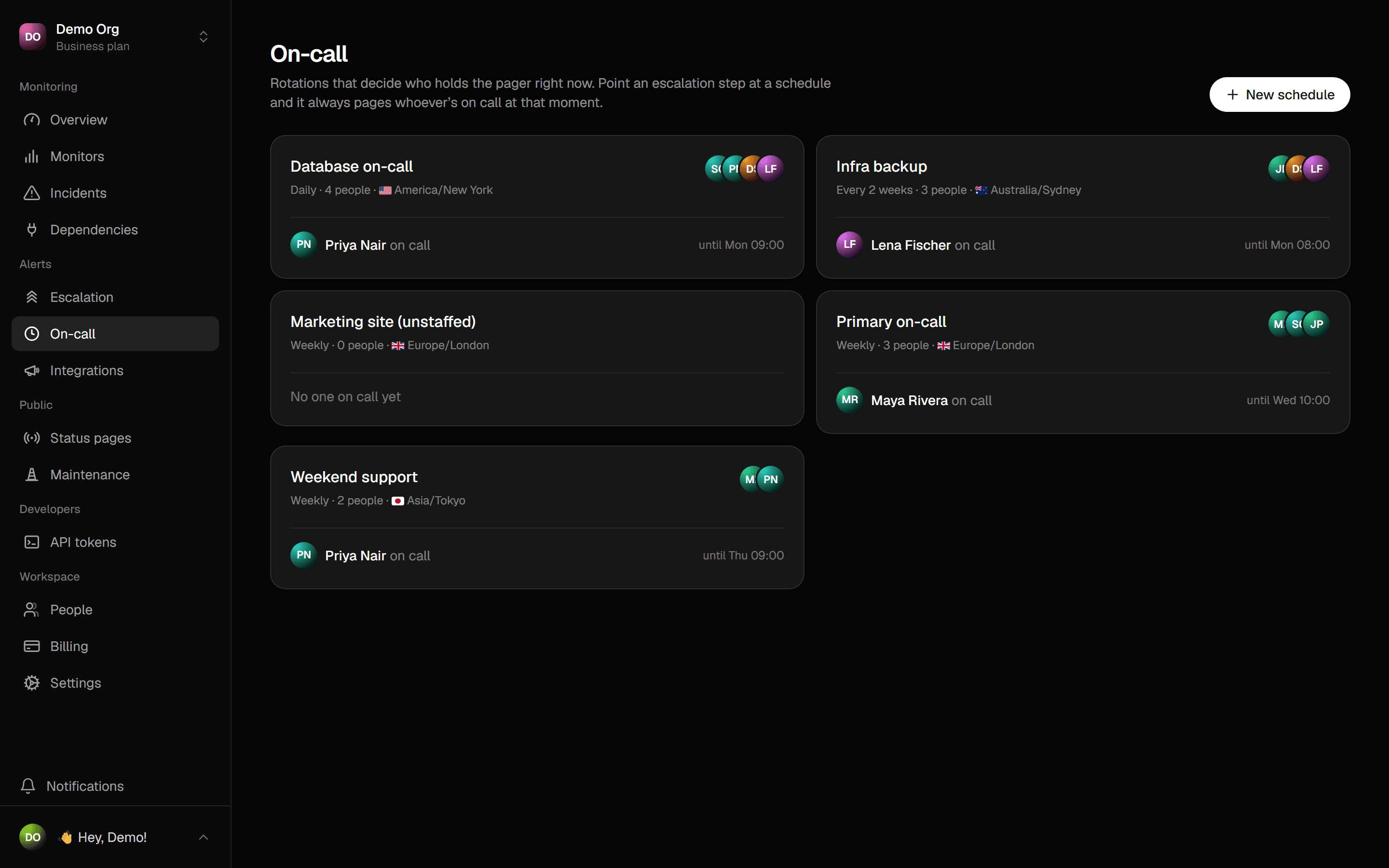 Sentivel on-call schedules showing rotations across timezones with who holds the pager right now