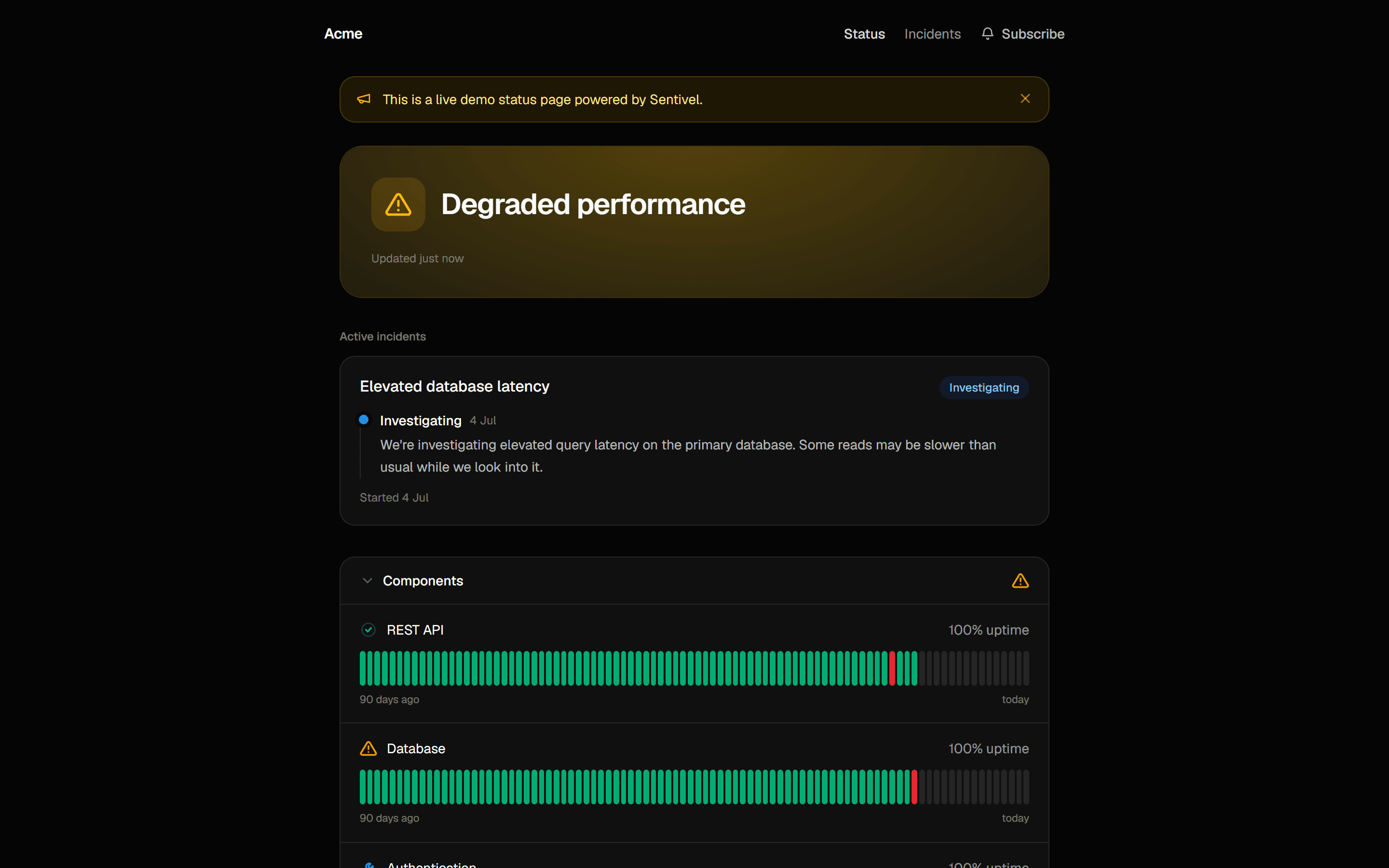 A Sentivel status page showing a degraded-performance banner, an active incident, and 90-day uptime bars per component